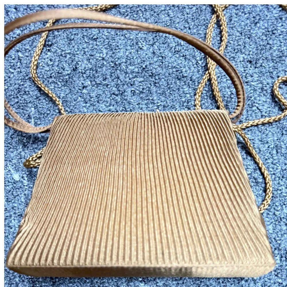 Jessica McClintock Bronze Pleated Satin Evening Bag Crossbody Mini Clutch Gold
